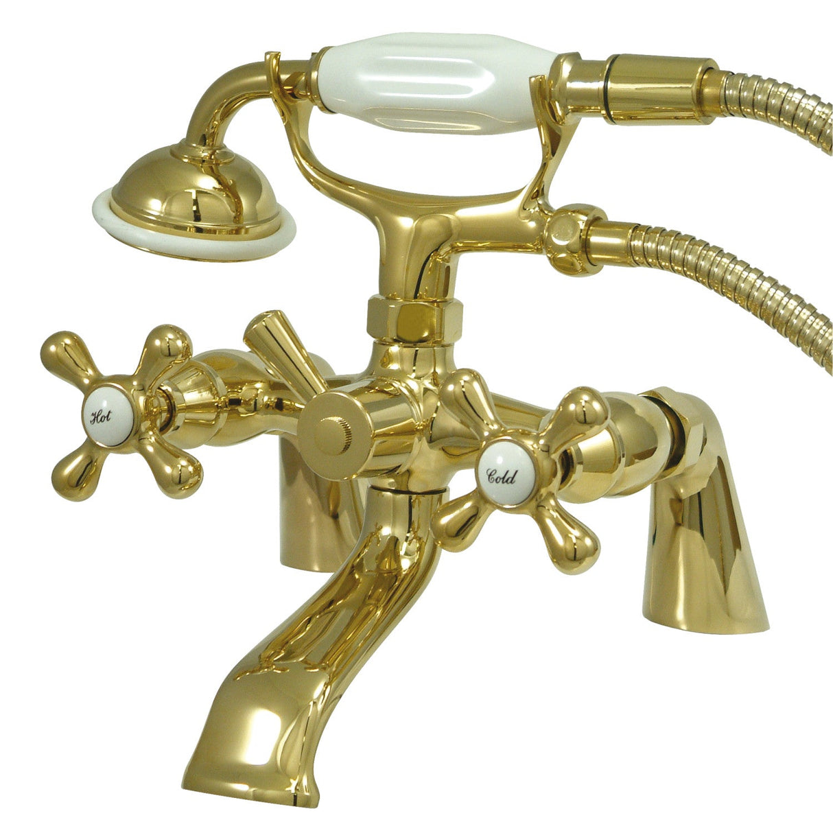 Kingston KS267PB Three-Handle 2-Hole Deck Mount Clawfoot Tub Faucet with Hand Shower, Polished Brass