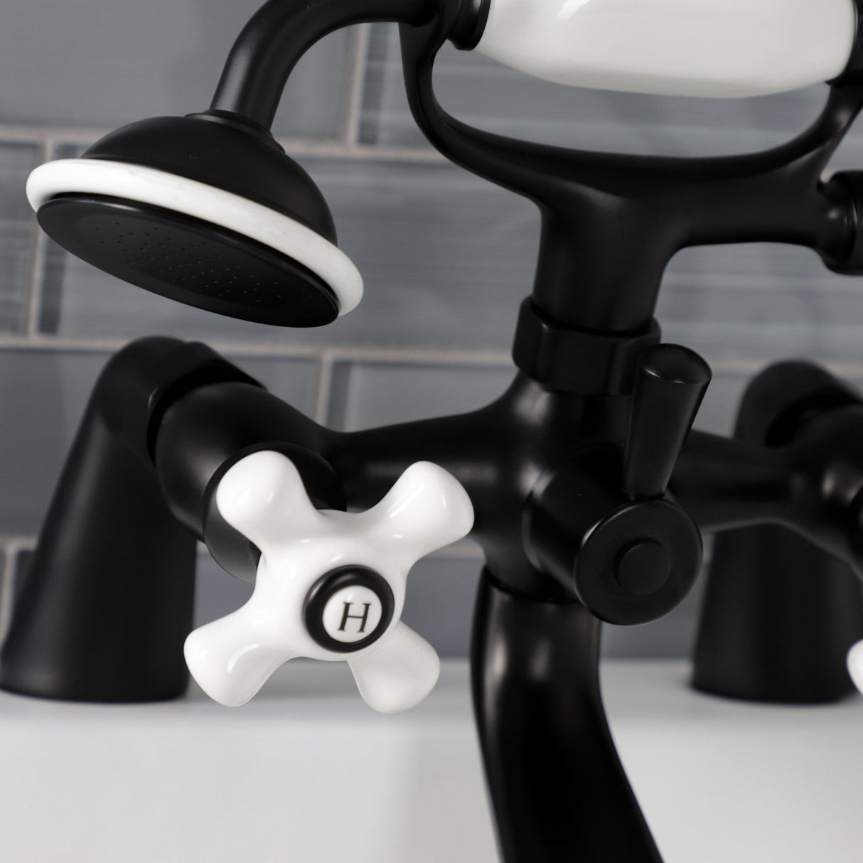 Kingston KS267PXMB Three-Handle 2-Hole Deck Mount Clawfoot Tub Faucet with Hand Shower, Matte Black