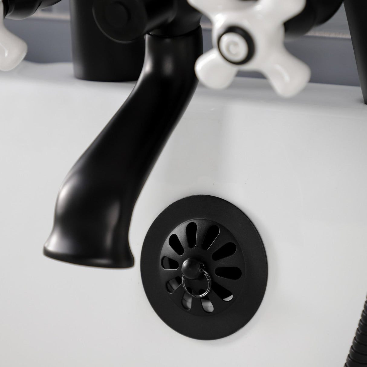 Kingston KS267PXMB Three-Handle 2-Hole Deck Mount Clawfoot Tub Faucet with Hand Shower, Matte Black