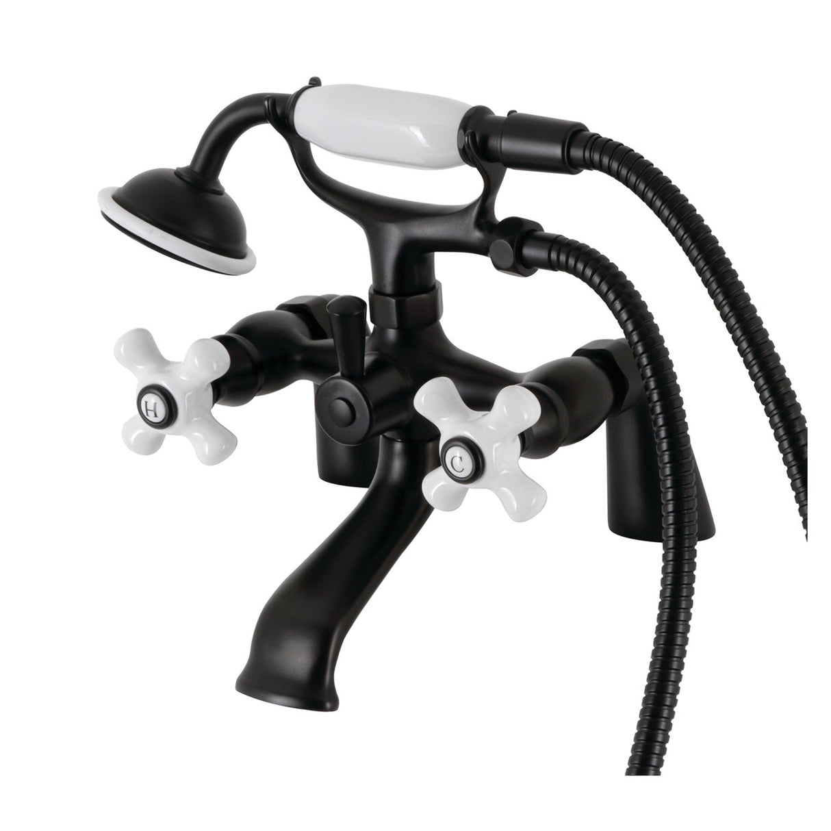 Kingston KS267PXMB Three-Handle 2-Hole Deck Mount Clawfoot Tub Faucet with Hand Shower, Matte Black