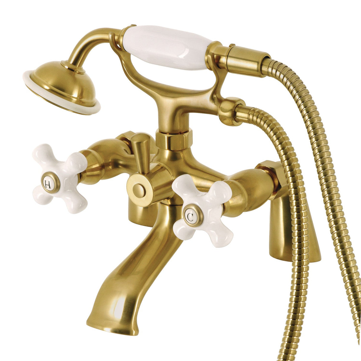 Kingston KS267PXSB Three-Handle 2-Hole Deck Mount Clawfoot Tub Faucet with Hand Shower, Brushed Brass