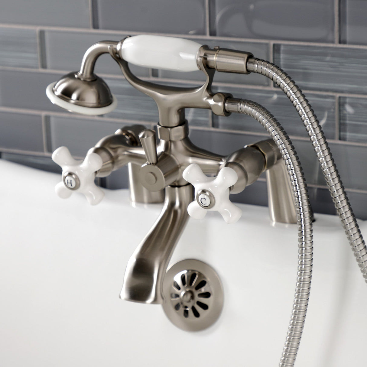 Kingston KS267PXSN Three-Handle 2-Hole Deck Mount Clawfoot Tub Faucet with Hand Shower, Brushed Nickel