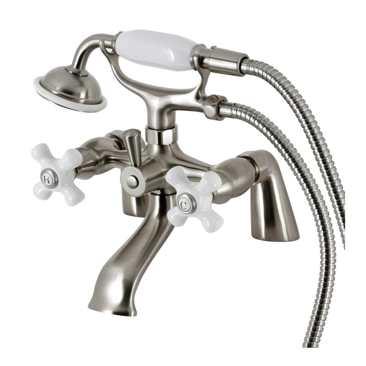 Kingston KS267PXSN Three-Handle 2-Hole Deck Mount Clawfoot Tub Faucet with Hand Shower, Brushed Nickel