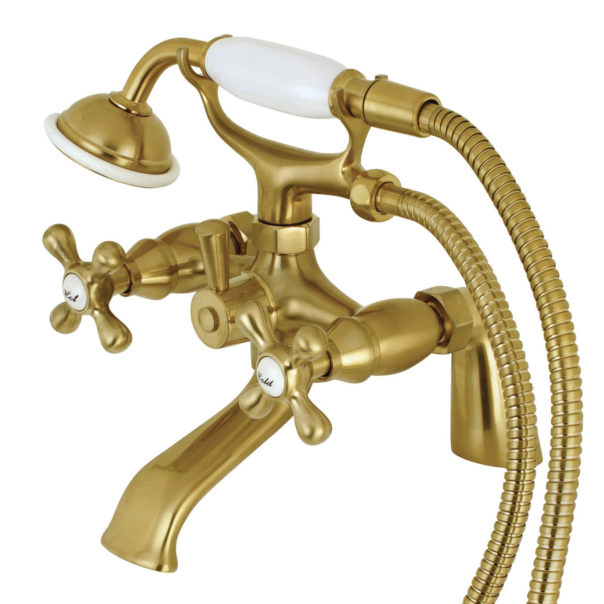 Kingston KS267SB Three-Handle 2-Hole Deck Mount Clawfoot Tub Faucet with Hand Shower, Brushed Brass