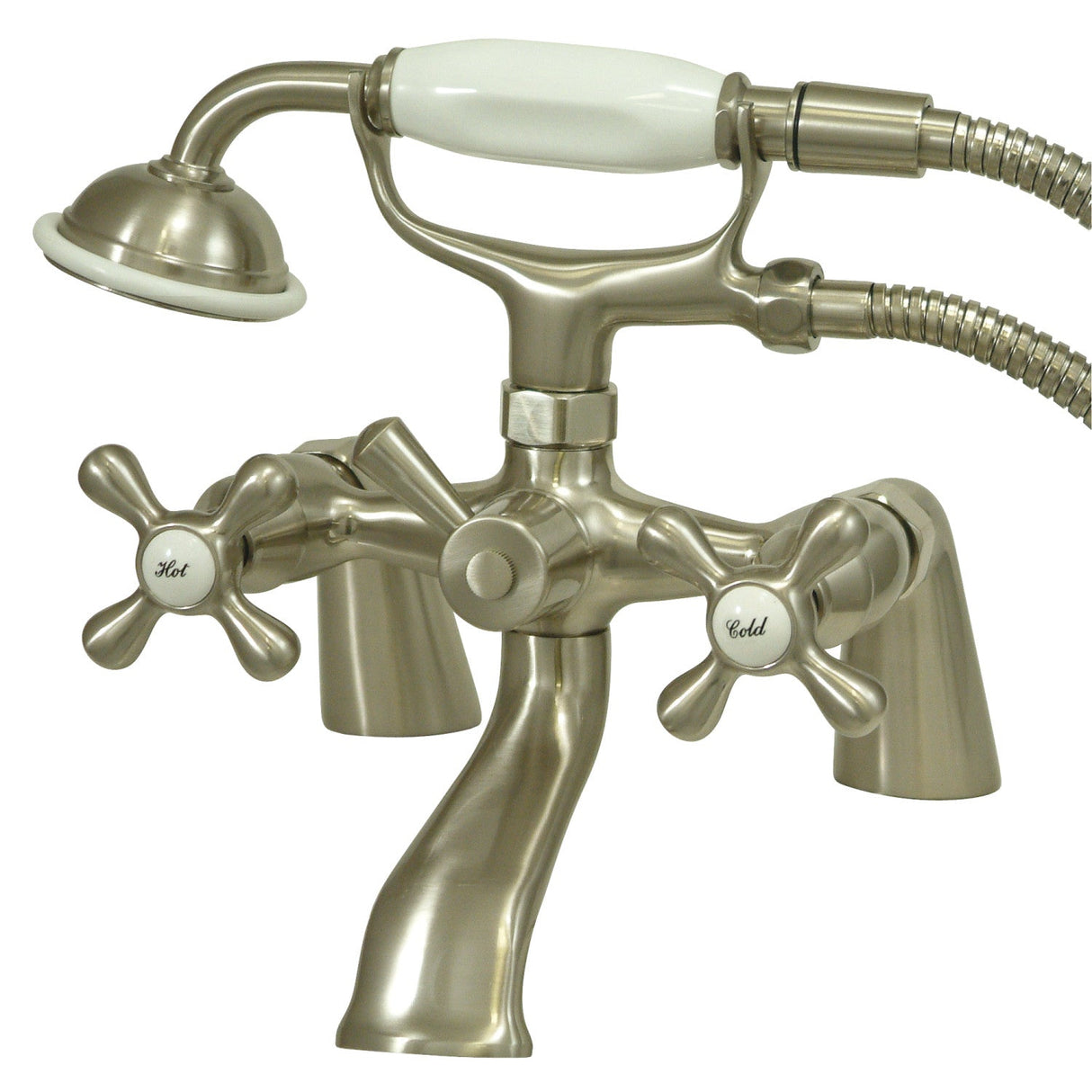 Kingston KS267SN Three-Handle 2-Hole Deck Mount Clawfoot Tub Faucet with Hand Shower, Brushed Nickel