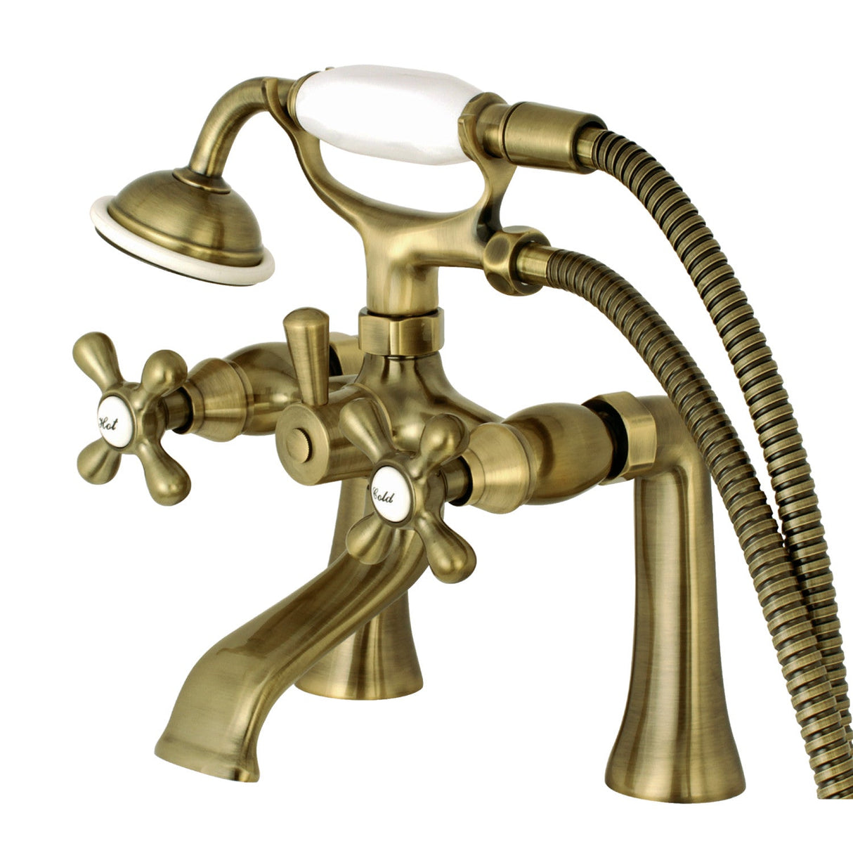 Kingston KS268AB Three-Handle 2-Hole Deck Mount Clawfoot Tub Faucet with Hand Shower, Antique Brass