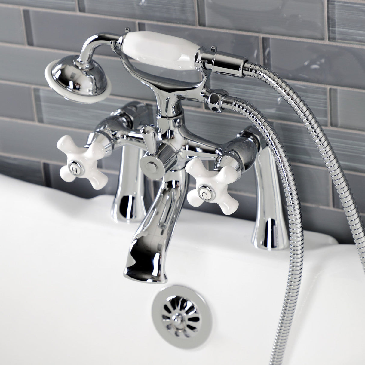 Kingston KS268PXC Three-Handle 2-Hole Deck Mount Clawfoot Tub Faucet with Hand Shower, Polished Chrome