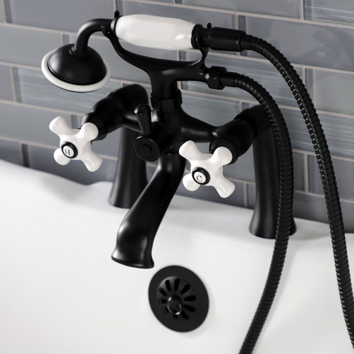 Kingston KS268PXMB Three-Handle 2-Hole Deck Mount Clawfoot Tub Faucet with Hand Shower, Matte Black