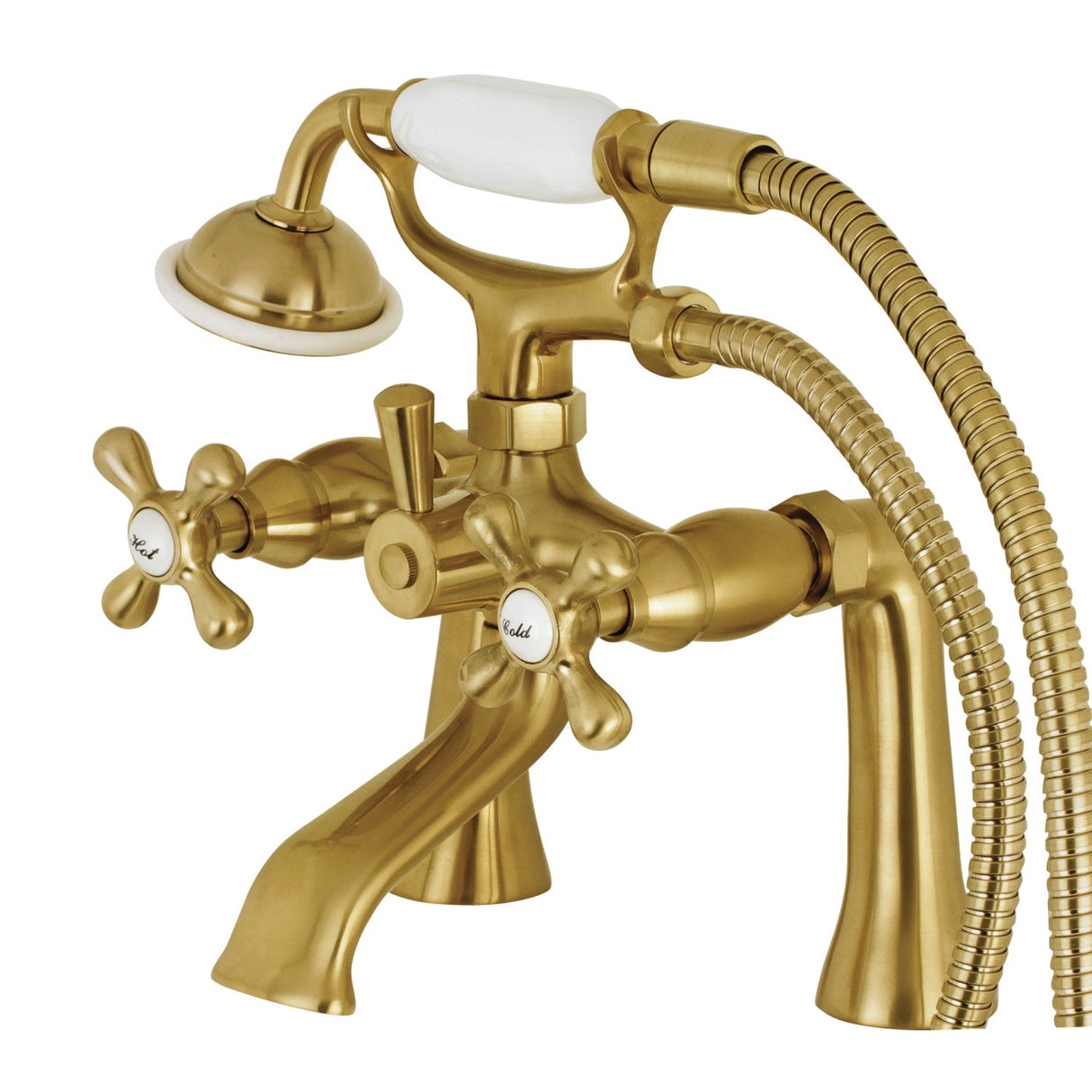 Kingston KS268SB Three-Handle 2-Hole Deck Mount Clawfoot Tub Faucet with Hand Shower, Brushed Brass