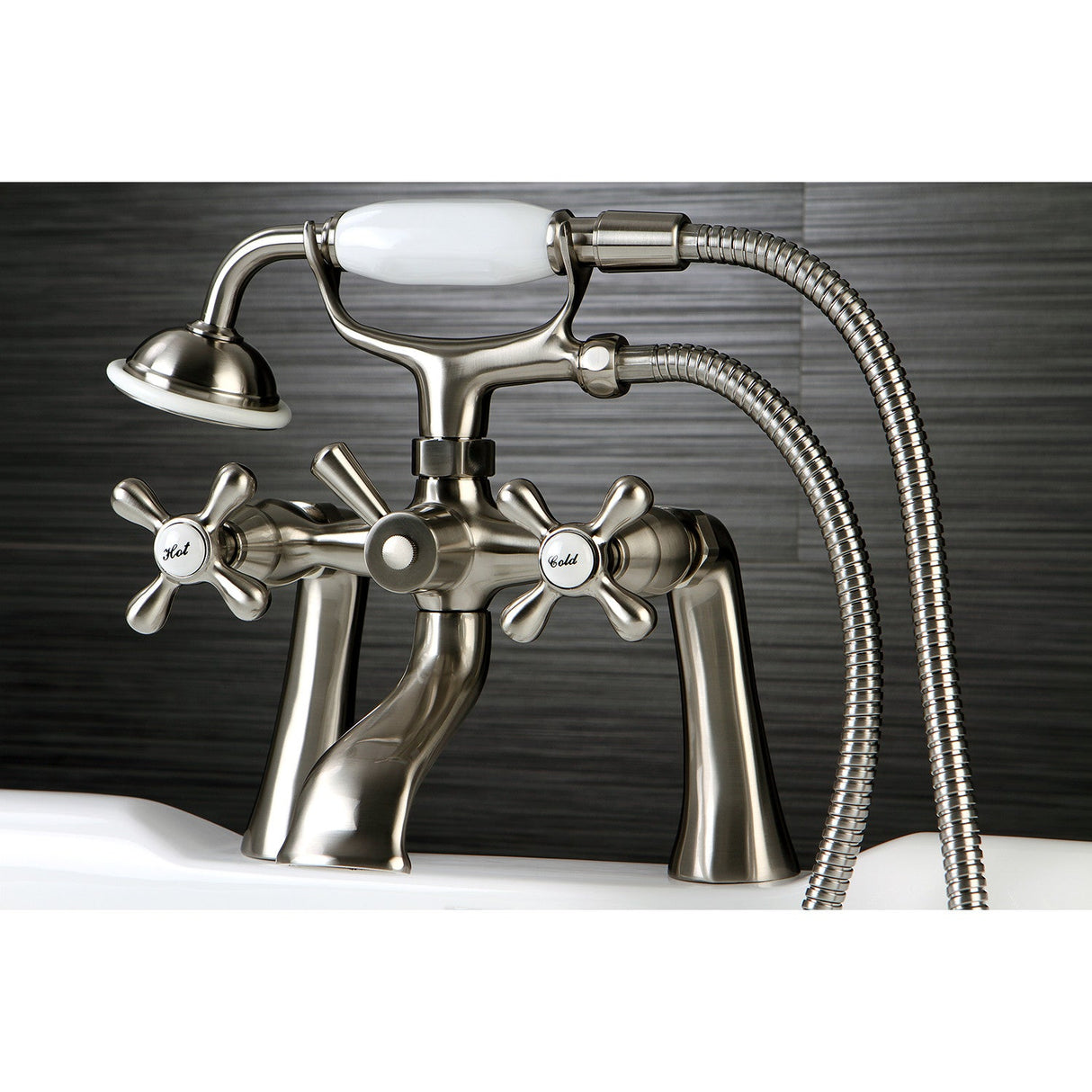 Kingston KS268SN Three-Handle 2-Hole Deck Mount Clawfoot Tub Faucet with Hand Shower, Brushed Nickel