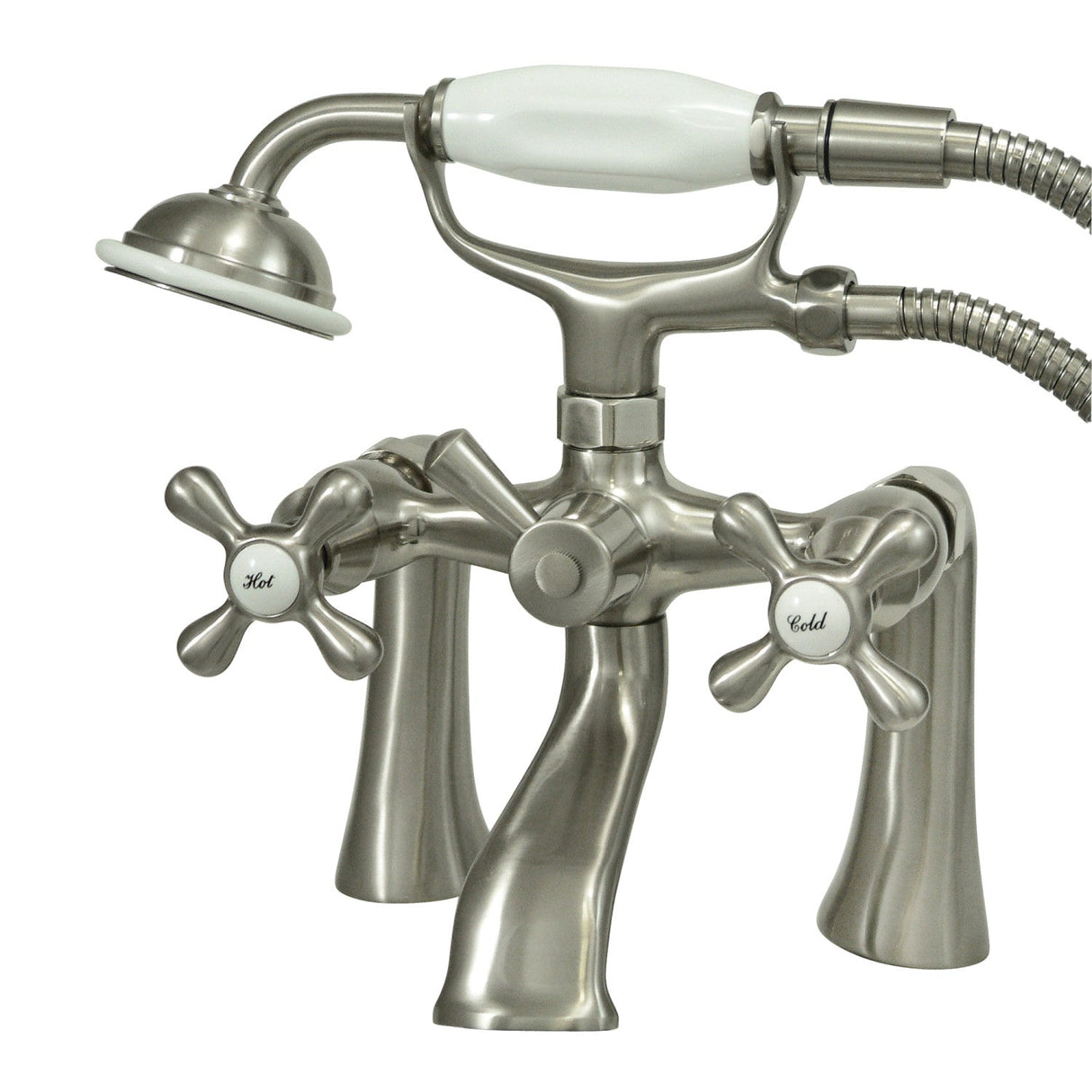 Kingston KS268SN Three-Handle 2-Hole Deck Mount Clawfoot Tub Faucet with Hand Shower, Brushed Nickel