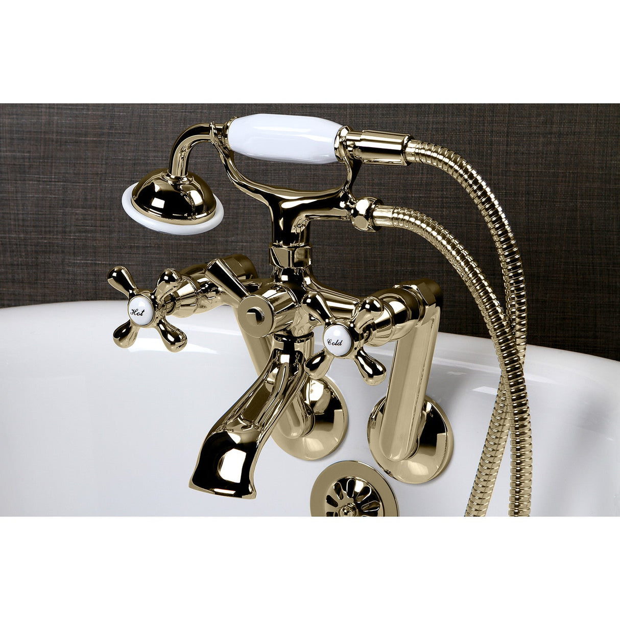 Kingston KS269PB Three-Handle 2-Hole Tub Wall Mount Clawfoot Tub Faucet with Hand Shower, Polished Brass