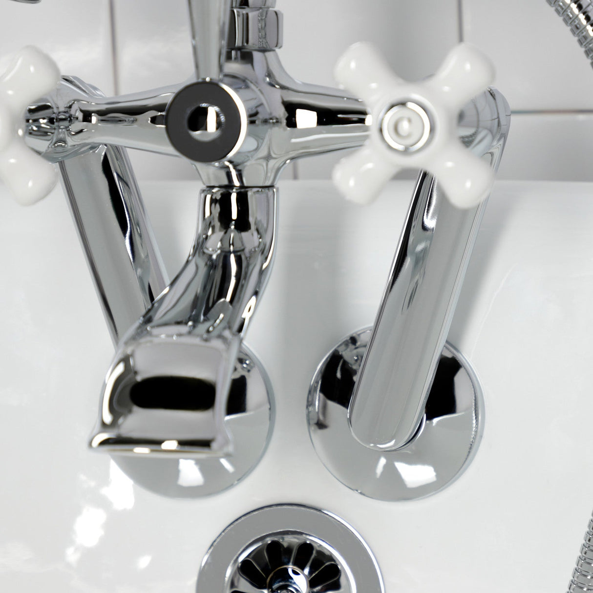 Kingston KS269PXC Three-Handle 2-Hole Tub Wall Mount Clawfoot Tub Faucet with Hand Shower, Polished Chrome