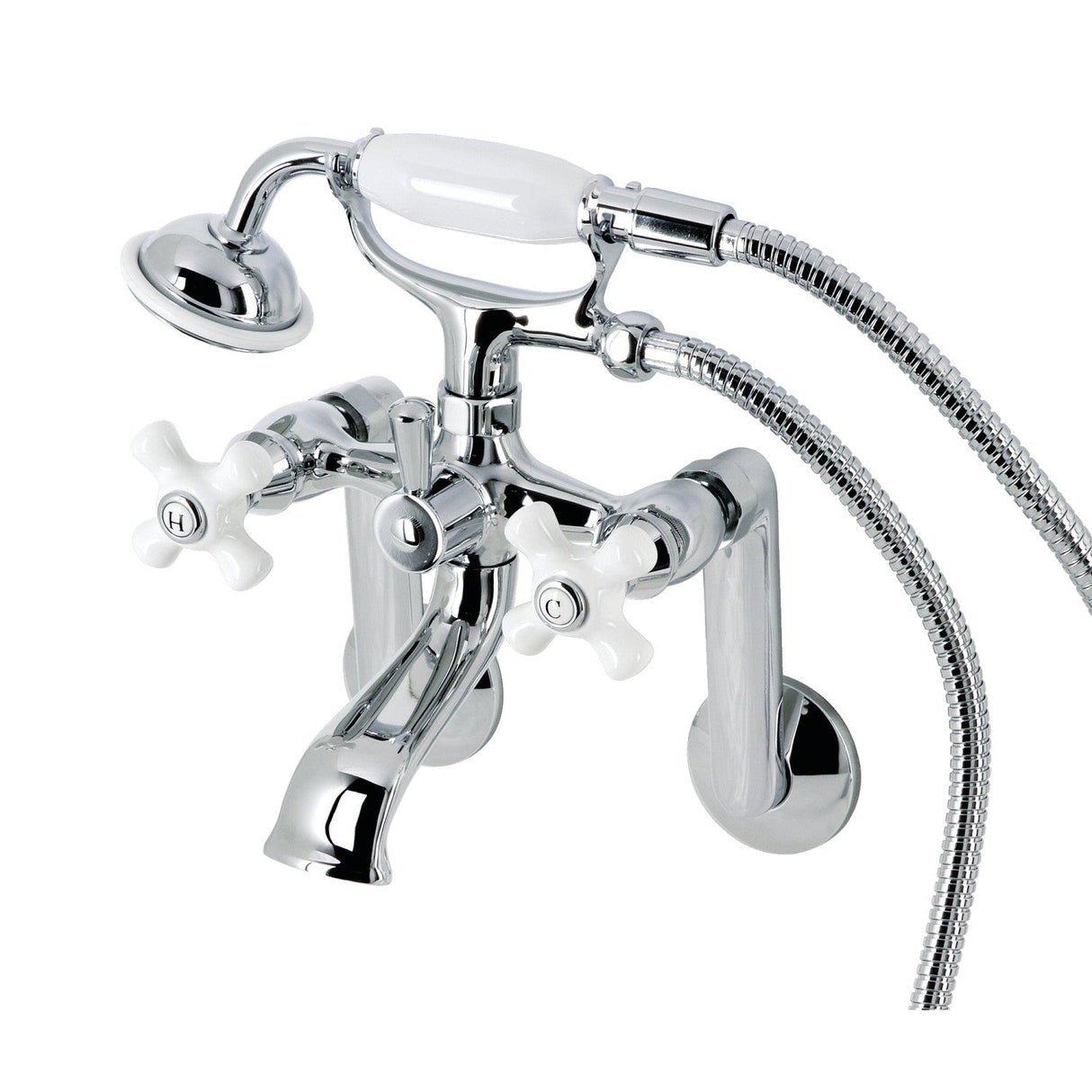Kingston KS269PXC Three-Handle 2-Hole Tub Wall Mount Clawfoot Tub Faucet with Hand Shower, Polished Chrome