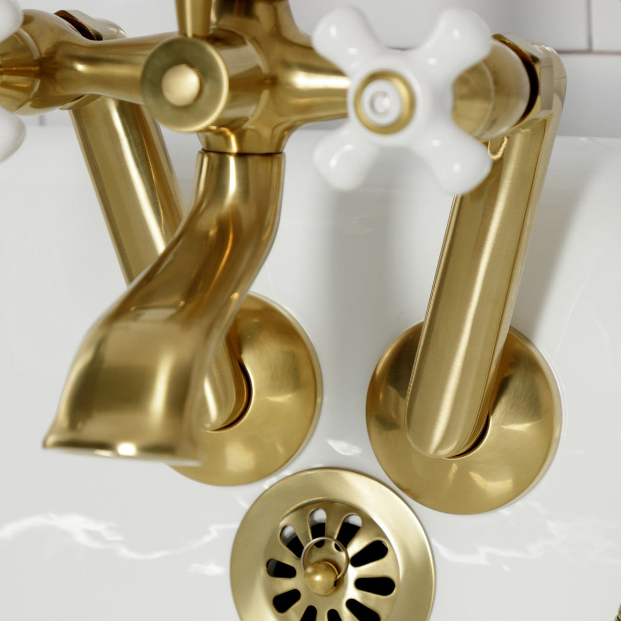 Kingston KS269PXSB Three-Handle 2-Hole Tub Wall Mount Clawfoot Tub Faucet with Hand Shower, Brushed Brass