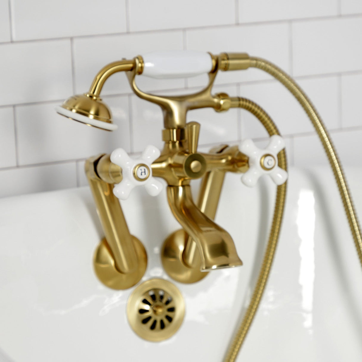 Kingston KS269PXSB Three-Handle 2-Hole Tub Wall Mount Clawfoot Tub Faucet with Hand Shower, Brushed Brass