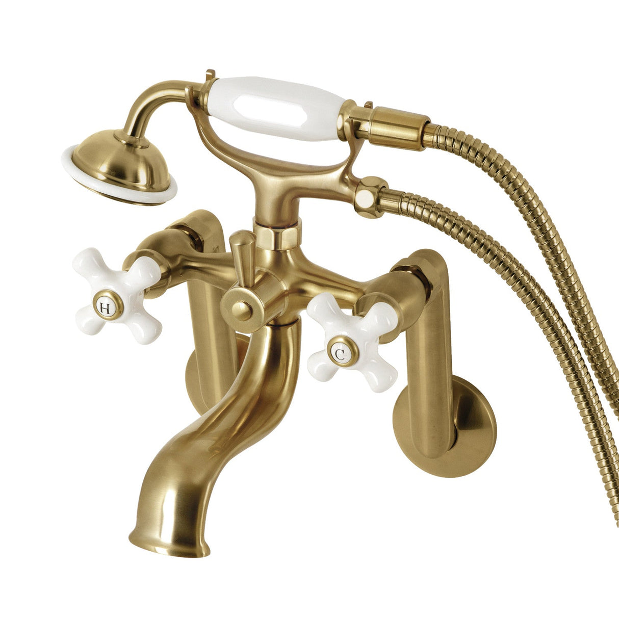 Kingston KS269PXSB Three-Handle 2-Hole Tub Wall Mount Clawfoot Tub Faucet with Hand Shower, Brushed Brass
