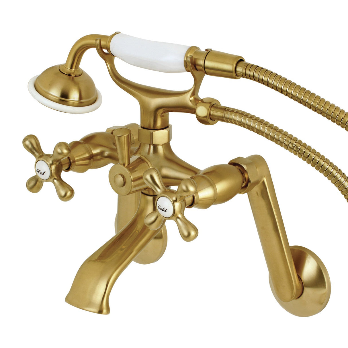 Kingston KS269SB Three-Handle 2-Hole Tub Wall Mount Clawfoot Tub Faucet with Hand Shower, Brushed Brass