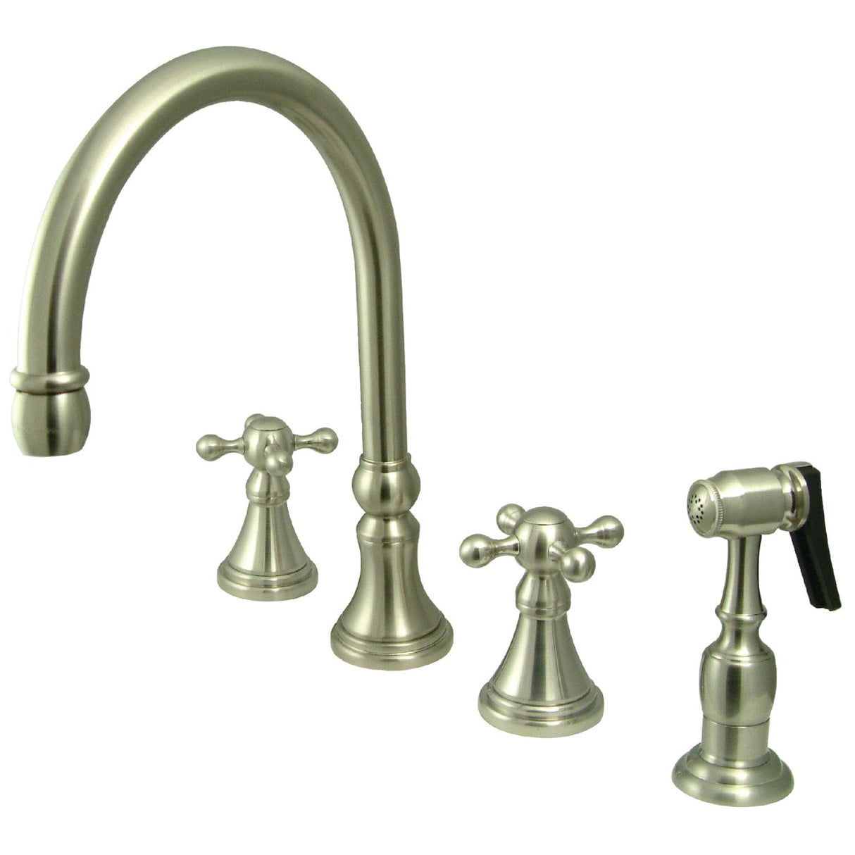 Governor KS2798KXBS Two-Handle 4-Hole Deck Mount Widespread Kitchen Faucet with Brass Sprayer, Brushed Nickel