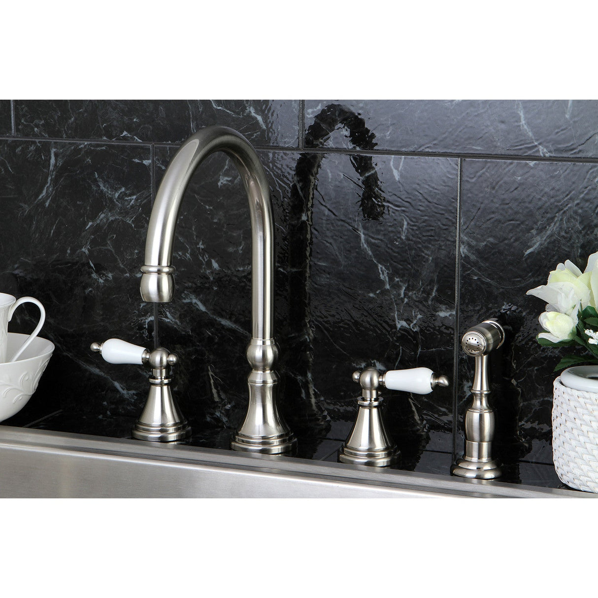 Governor KS2798PLBS Two-Handle 4-Hole Deck Mount Widespread Kitchen Faucet with Brass Sprayer, Brushed Nickel