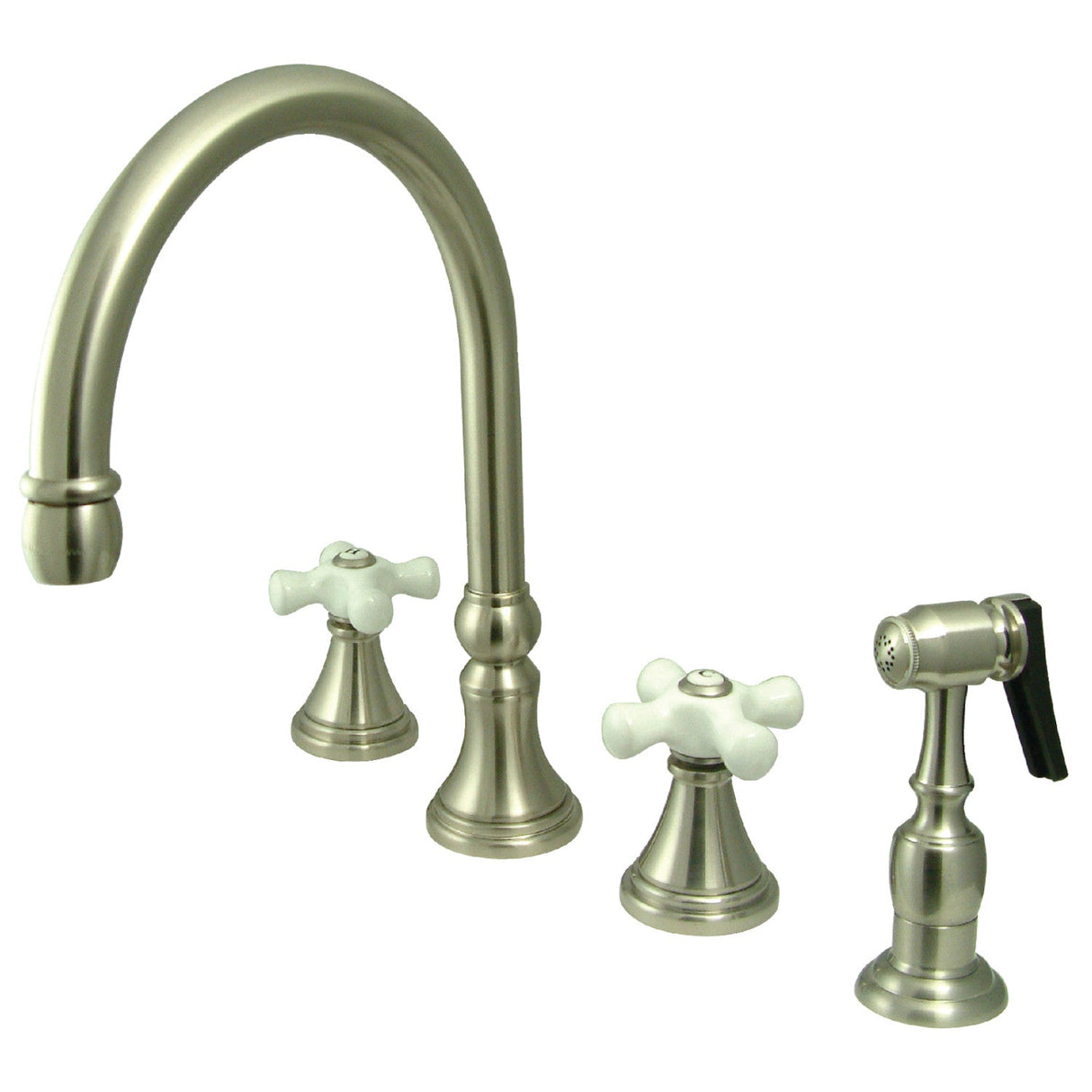 Governor KS2798PXBS Two-Handle 4-Hole Deck Mount Widespread Kitchen Faucet with Brass Sprayer, Brushed Nickel
