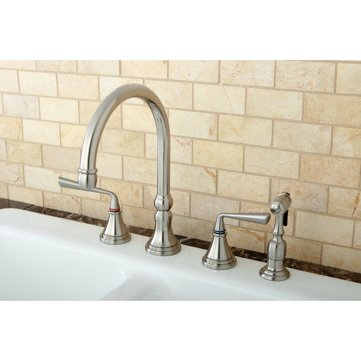 Silver Sage KS2798ZLBS Two-Handle 4-Hole Deck Mount Widespread Kitchen Faucet with Brass Sprayer, Brushed Nickel