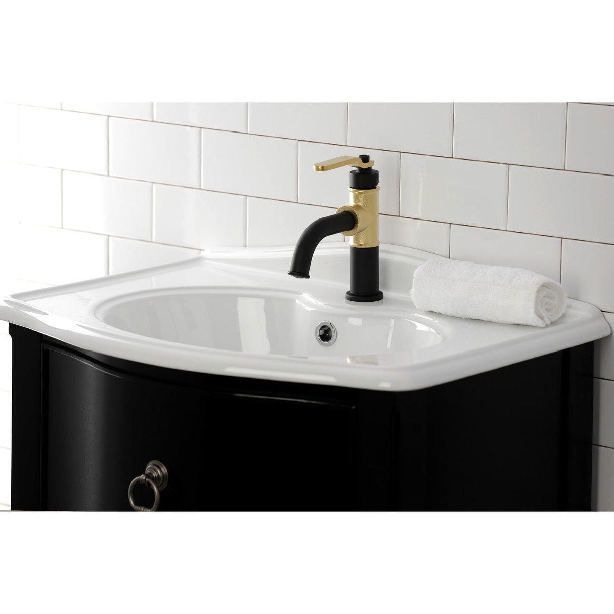 Whitaker KS2822KL Single-Handle 1-Hole Deck Mount Bathroom Faucet with Push Pop-Up, Matte Black/Polished Brass