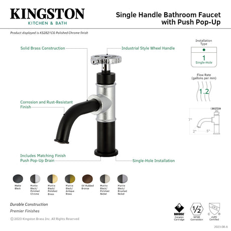 Fuller KS2823CG Single-Handle 1-Hole Deck Mount Bathroom Faucet with Push Pop-Up, Matte Black/Antique Brass