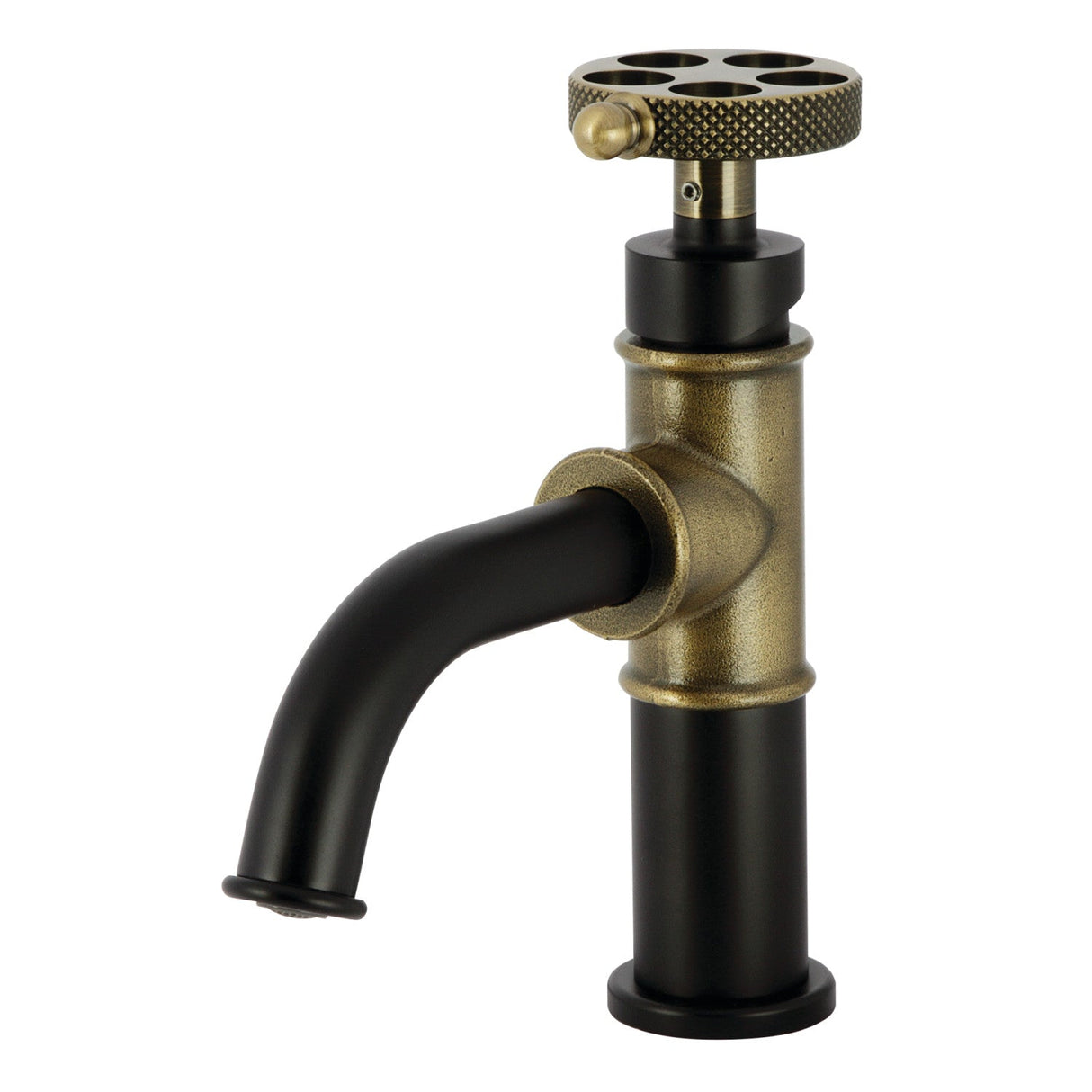Webb KS2823RKX Single-Handle 1-Hole Deck Mount Bathroom Faucet with Knurled Handle and Push Pop-Up Drain, Matte Black/Antique Brass