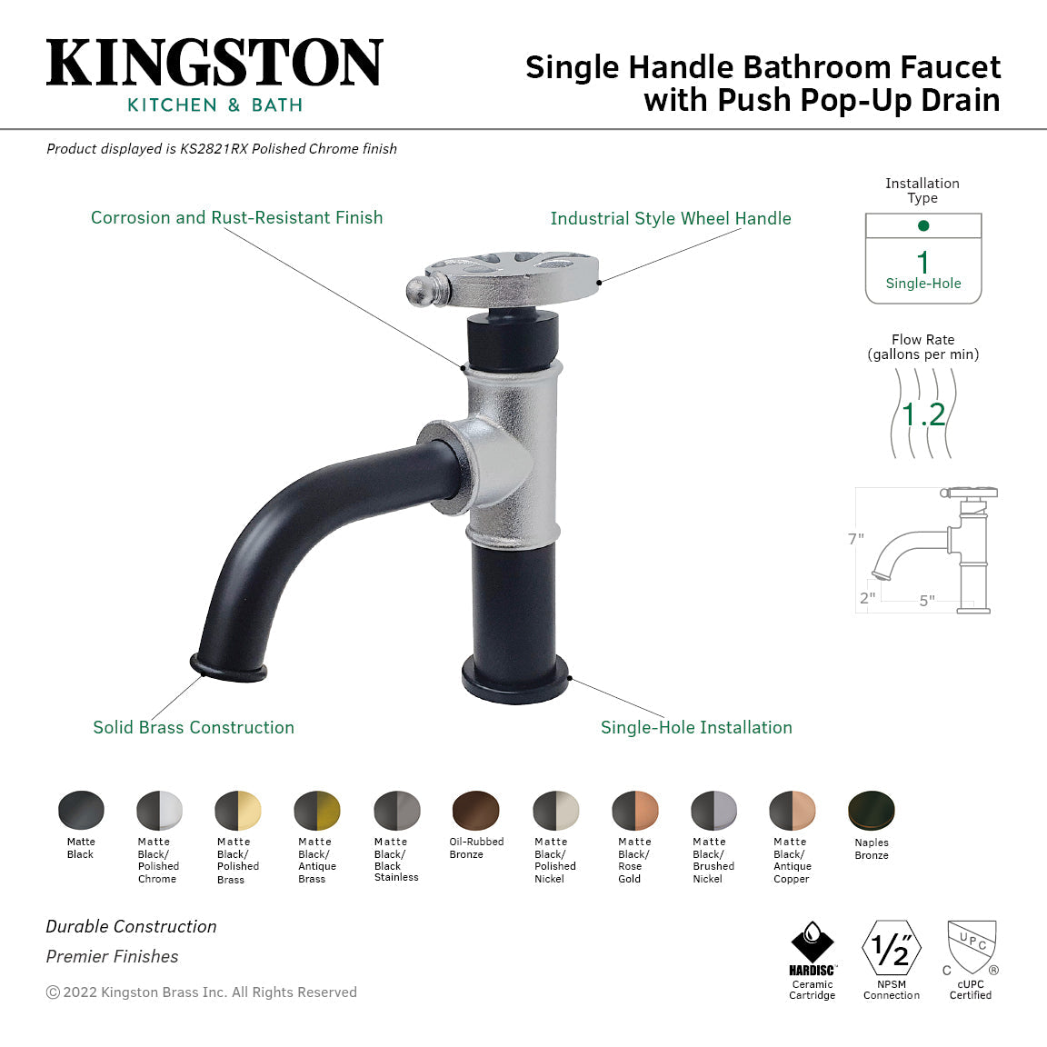 Belknap KS2823RX Single-Handle 1-Hole Deck Mount Bathroom Faucet with Push Pop-Up, Matte Black/Antique Brass