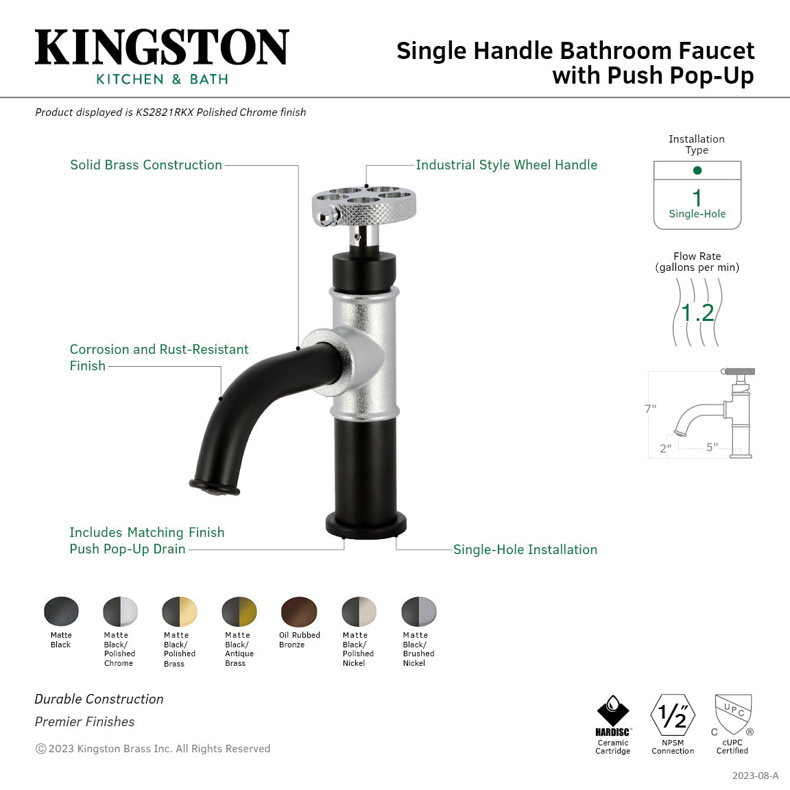 Webb KS2825RKX Single-Handle 1-Hole Deck Mount Bathroom Faucet with Knurled Handle and Push Pop-Up Drain, Oil Rubbed Bronze