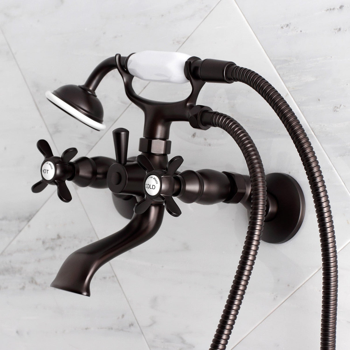 Essex KS285ORB Three-Handle 2-Hole Tub Wall Mount Clawfoot Tub Faucet with Hand Shower, Oil Rubbed Bronze