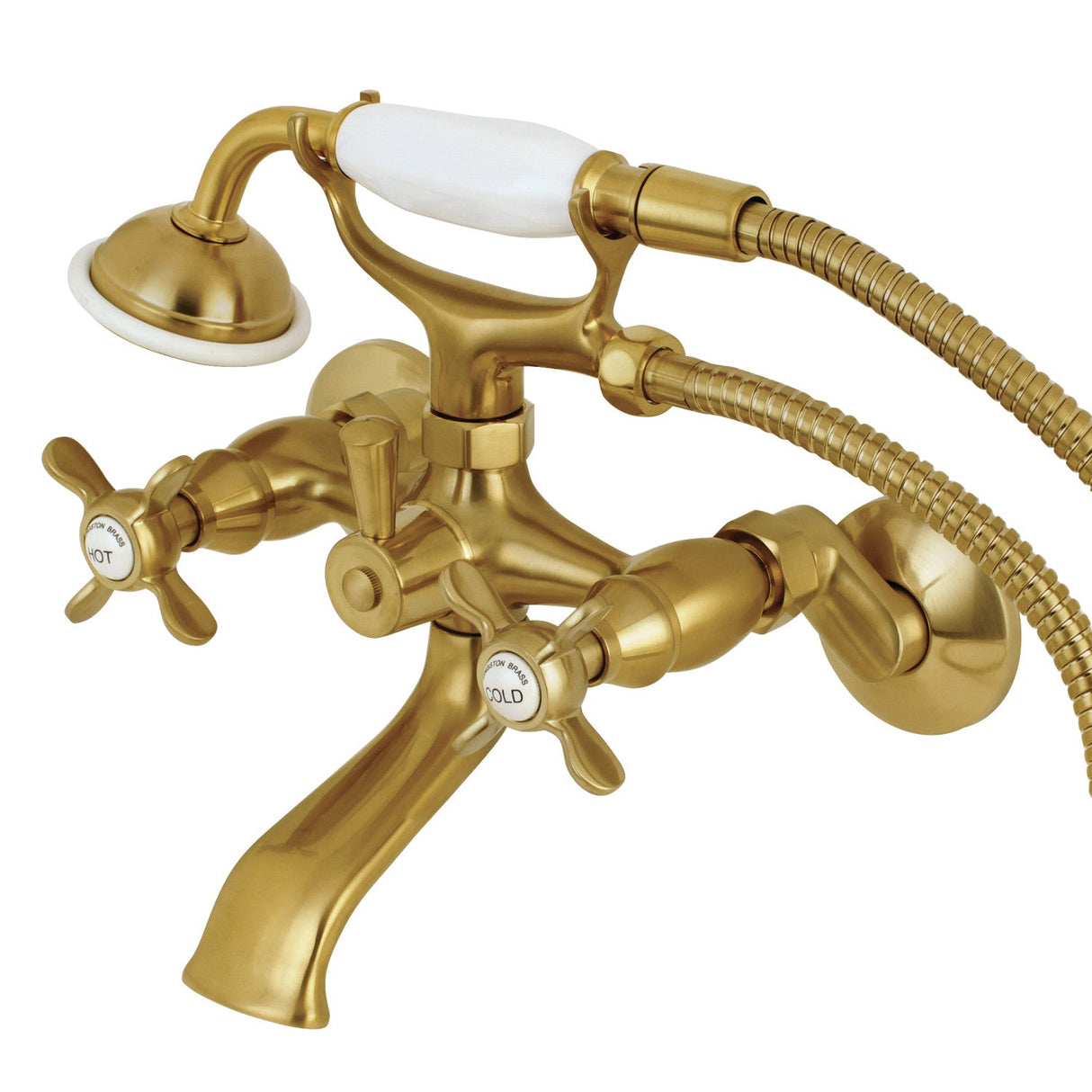 Essex KS285SB Three-Handle 2-Hole Tub Wall Mount Clawfoot Tub Faucet with Hand Shower, Brushed Brass