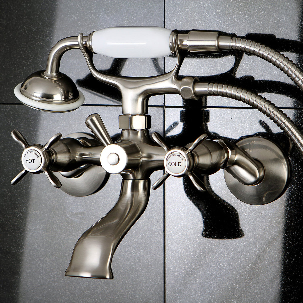 Essex KS285SN Three-Handle 2-Hole Tub Wall Mount Clawfoot Tub Faucet with Hand Shower, Brushed Nickel