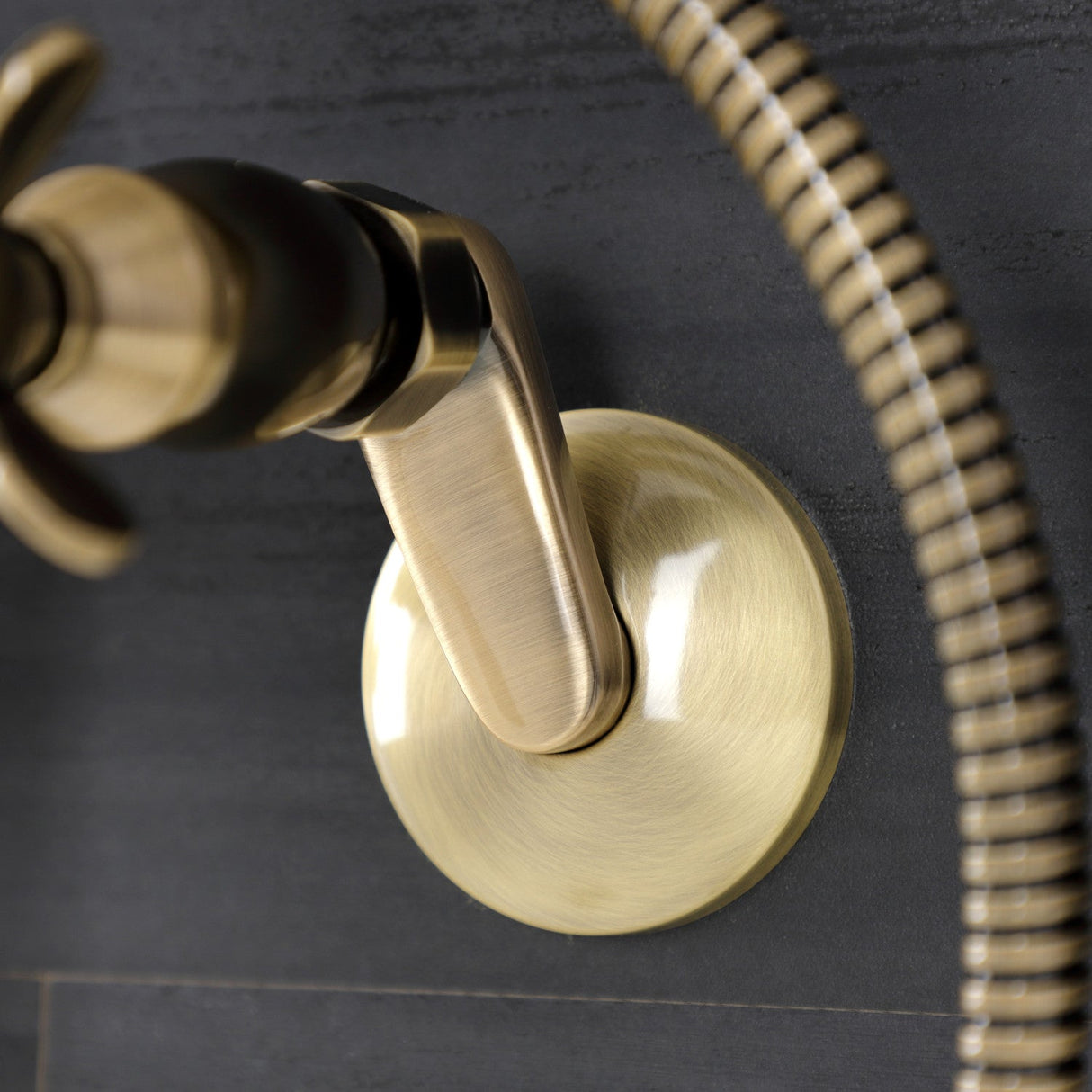 Essex KS286AB Three-Handle 2-Hole Wall Mount Clawfoot Tub Faucet with Hand Shower, Antique Brass