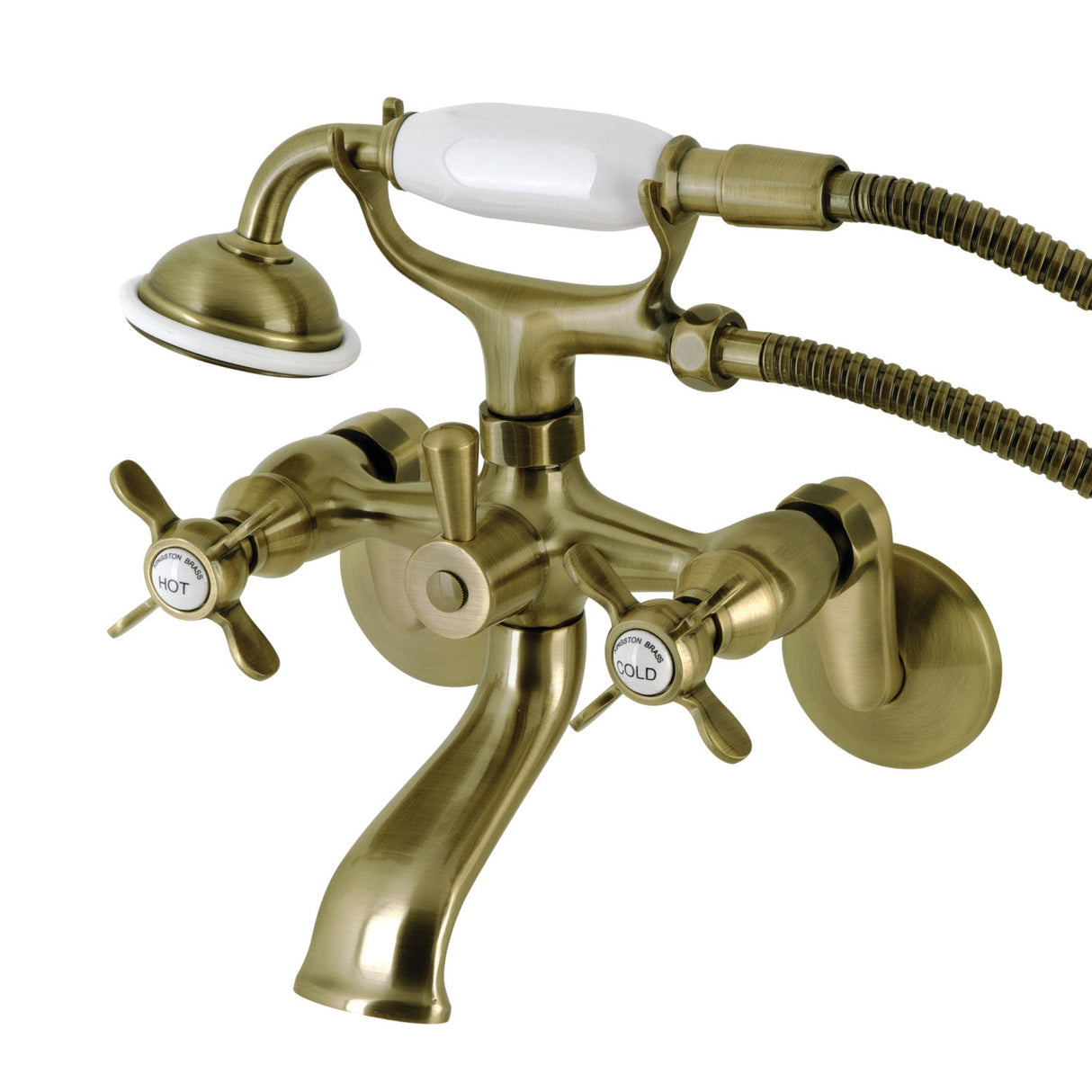 Essex KS286AB Three-Handle 2-Hole Wall Mount Clawfoot Tub Faucet with Hand Shower, Antique Brass