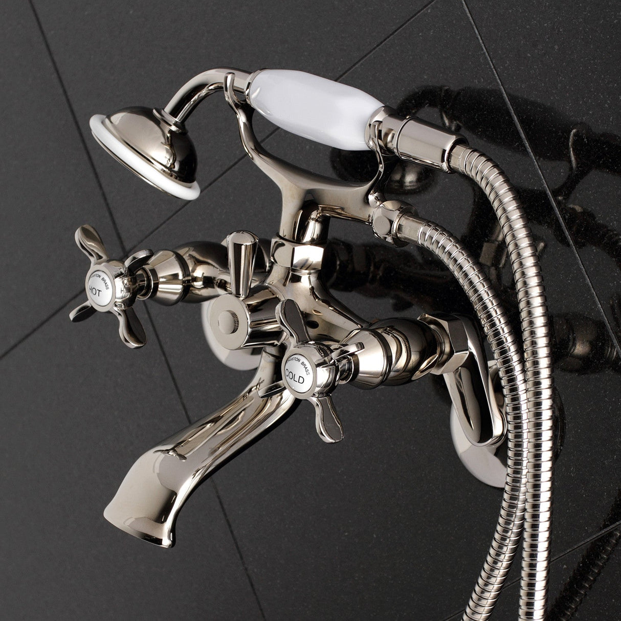 Essex KS286PN Three-Handle 2-Hole Wall Mount Clawfoot Tub Faucet with Hand Shower, Polished Nickel