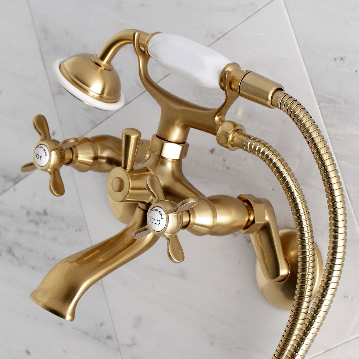 Essex KS286SB Three-Handle 2-Hole Wall Mount Clawfoot Tub Faucet with Hand Shower, Brushed Brass