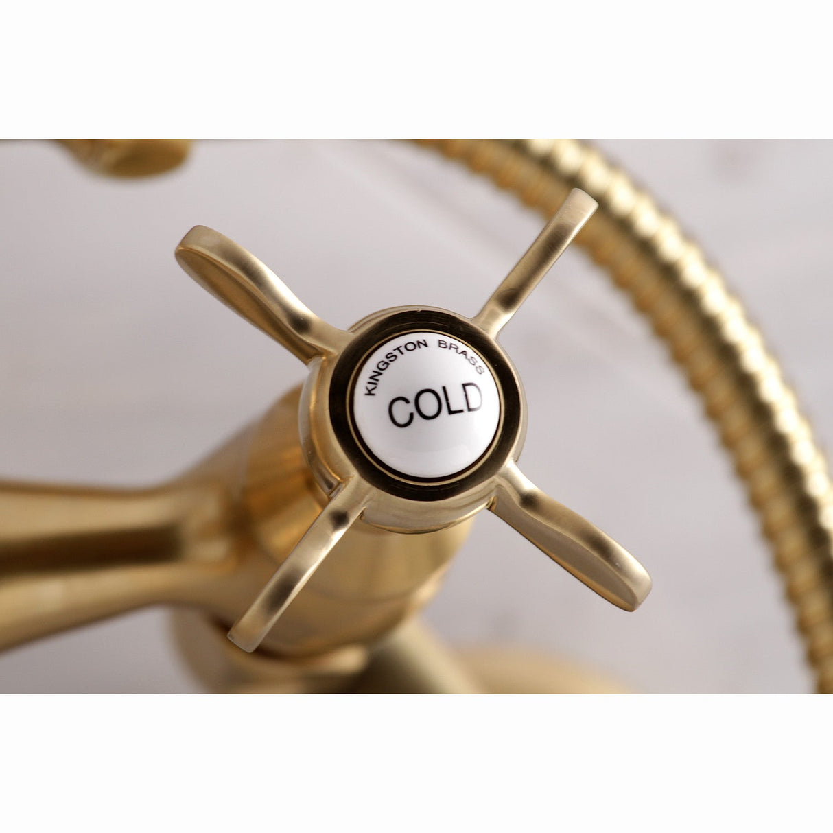 Essex KS286SB Three-Handle 2-Hole Wall Mount Clawfoot Tub Faucet with Hand Shower, Brushed Brass