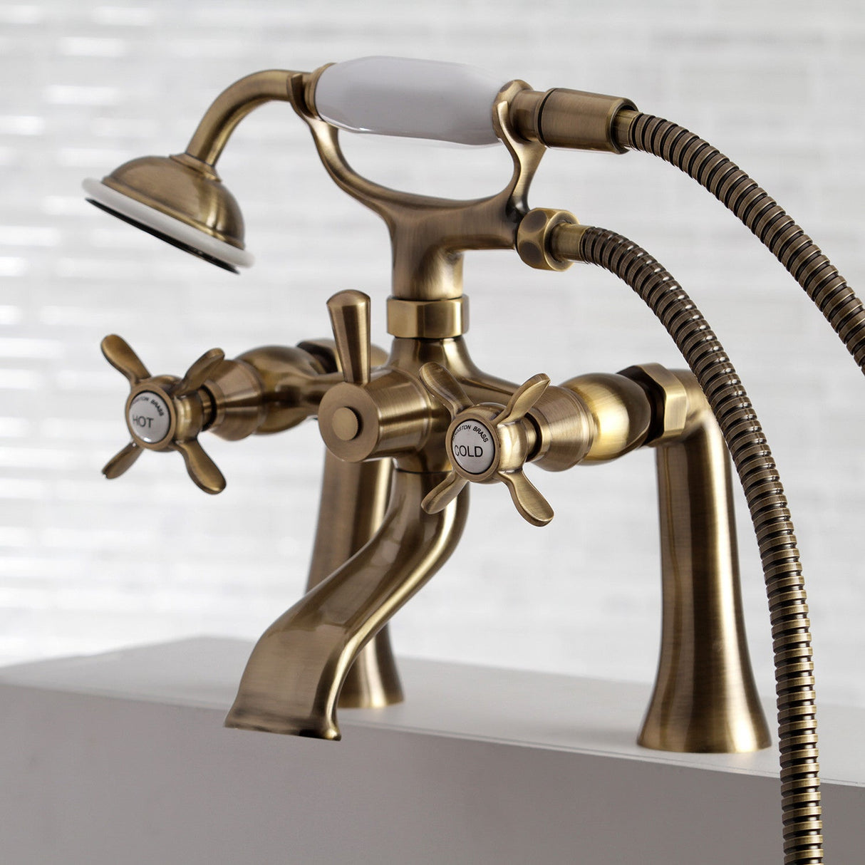 Essex KS288AB Three-Handle 2-Hole Deck Mount Clawfoot Tub Faucet with Hand Shower, Antique Brass