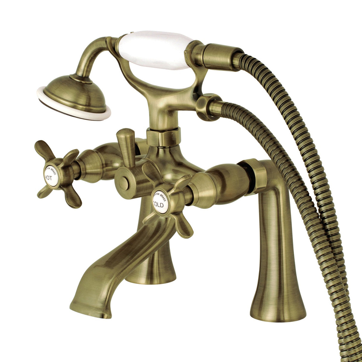Essex KS288AB Three-Handle 2-Hole Deck Mount Clawfoot Tub Faucet with Hand Shower, Antique Brass