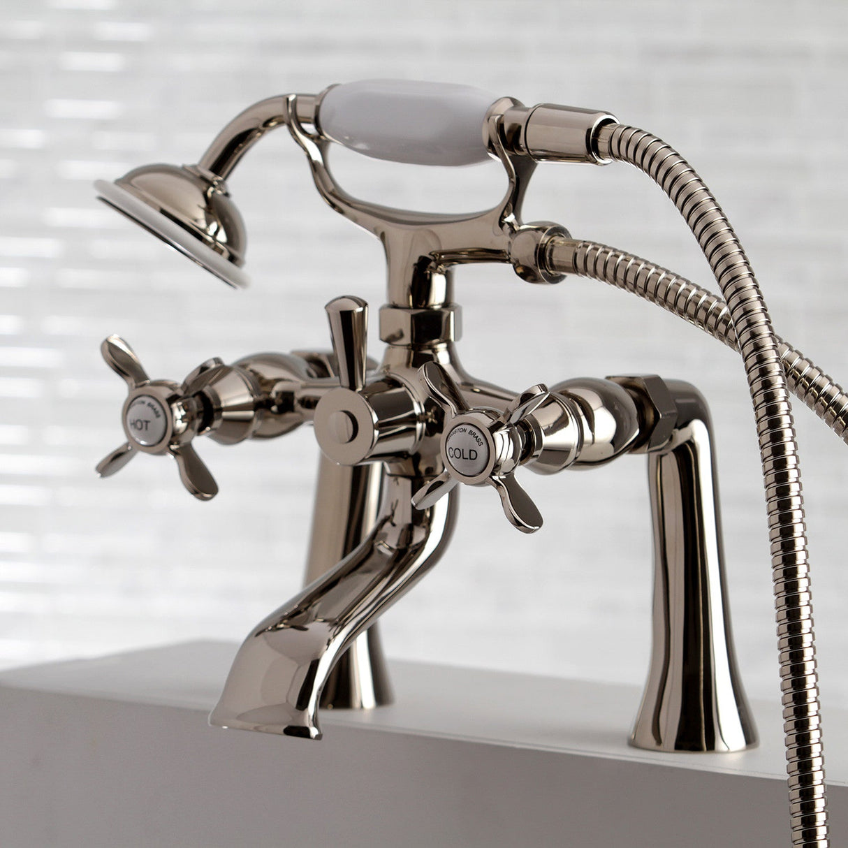 Essex KS288PN Three-Handle 2-Hole Deck Mount Clawfoot Tub Faucet with Hand Shower, Polished Nickel