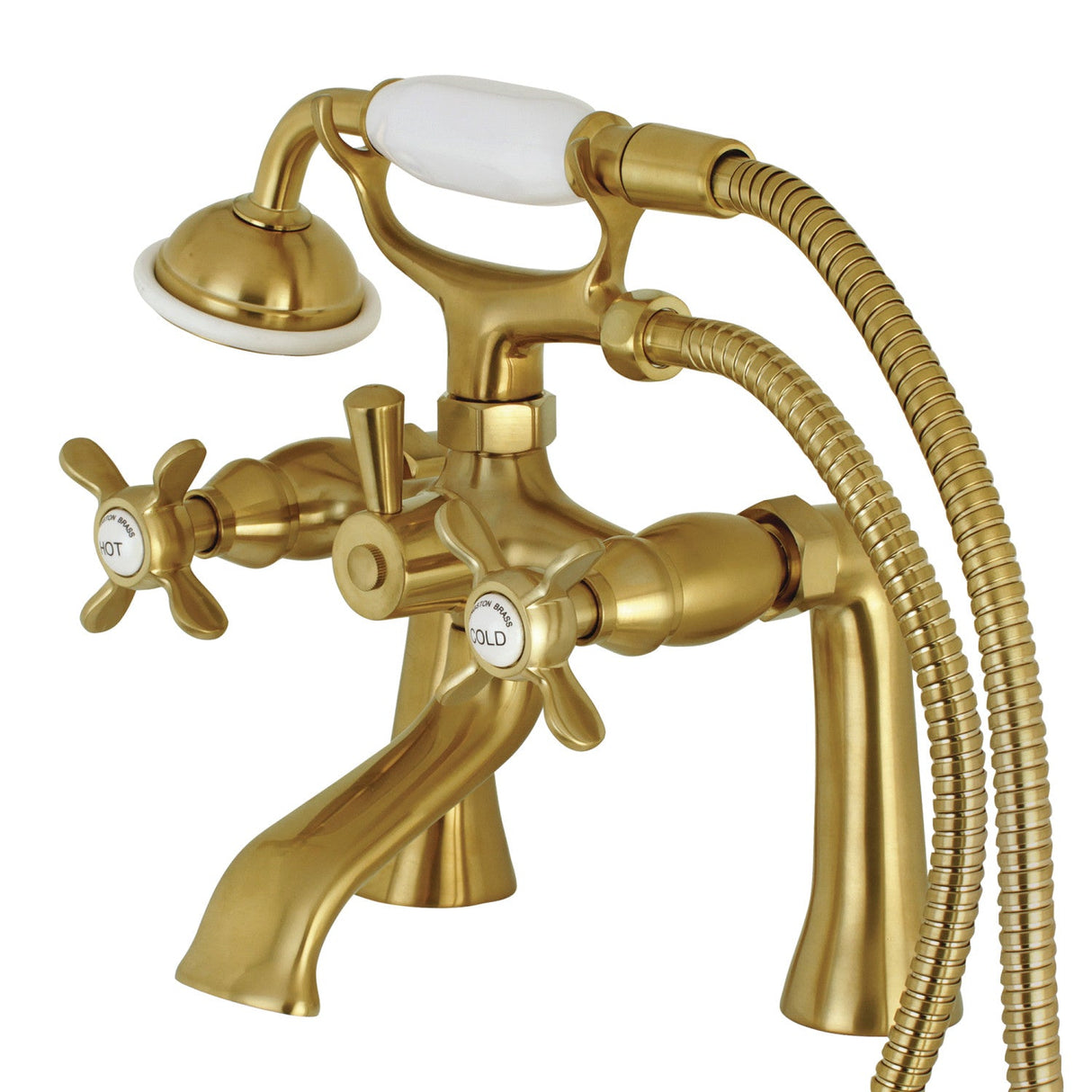 Essex KS288SB Three-Handle 2-Hole Deck Mount Clawfoot Tub Faucet with Hand Shower, Brushed Brass