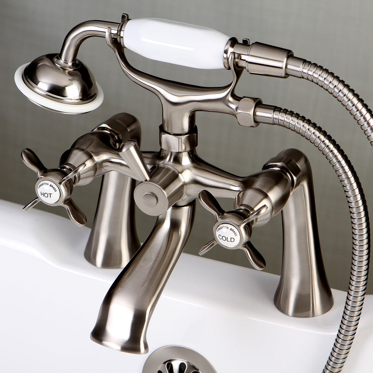 Essex KS288SN Three-Handle 2-Hole Deck Mount Clawfoot Tub Faucet with Hand Shower, Brushed Nickel