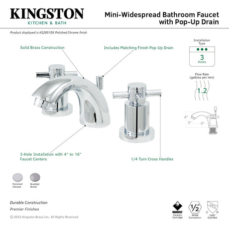 Concord KS2951DX Two-Handle 3-Hole Deck Mount Mini-Widespread Bathroom Faucet with Brass Pop-Up, Polished Chrome