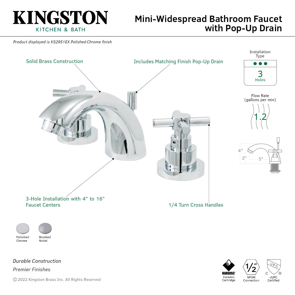 KS2958EX Two-Handle 3-Hole Deck Mount Mini-Widespread Bathroom Faucet with Brass Pop-Up, Brushed Nickel