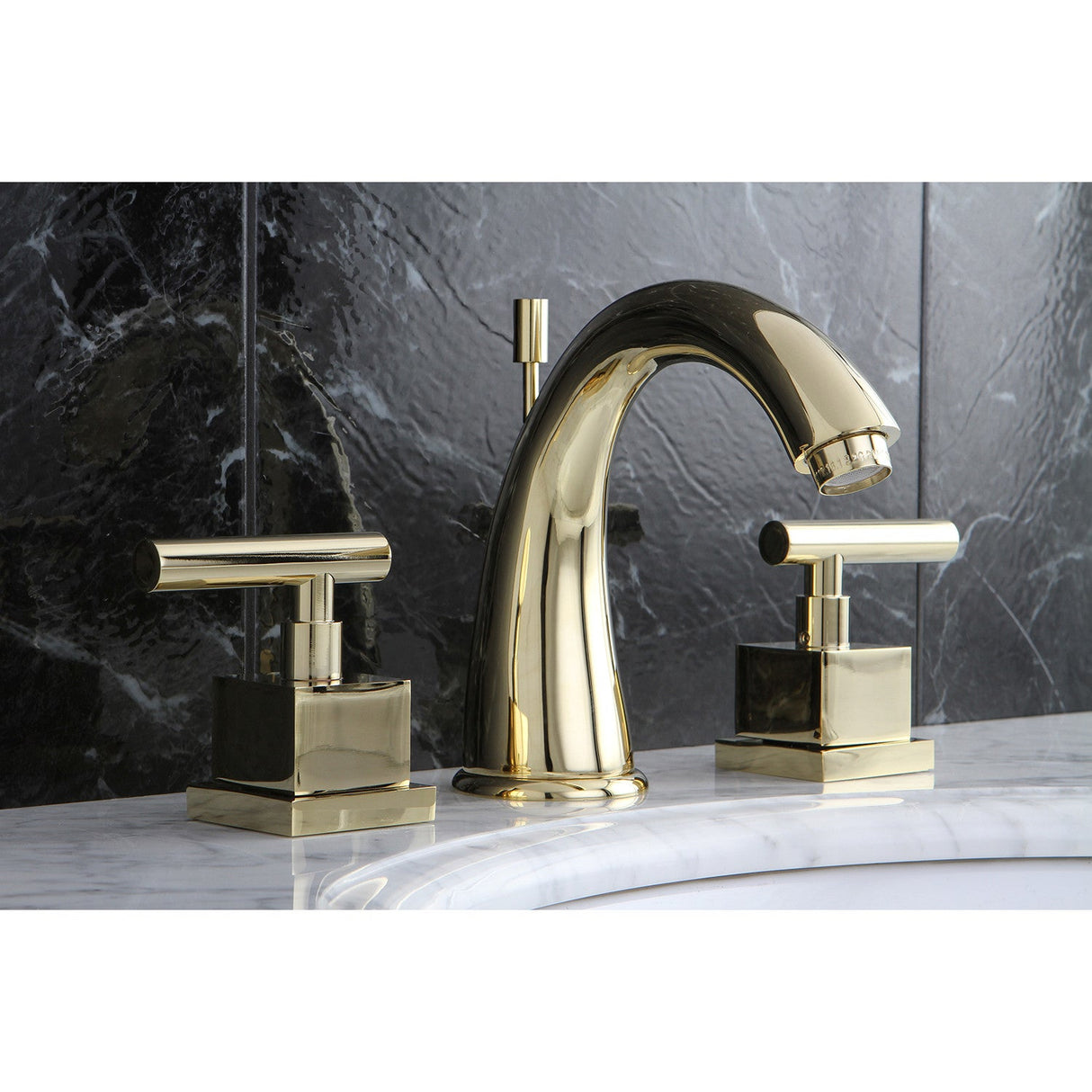 Claremont KS2962CQL Two-Handle 3-Hole Deck Mount Widespread Bathroom Faucet with Brass Pop-Up, Polished Brass