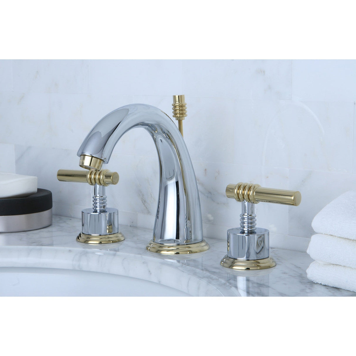 Milano KS2964ML Two-Handle 3-Hole Deck Mount Widespread Bathroom Faucet with Brass Pop-Up, Polished Chrome/Polished Brass