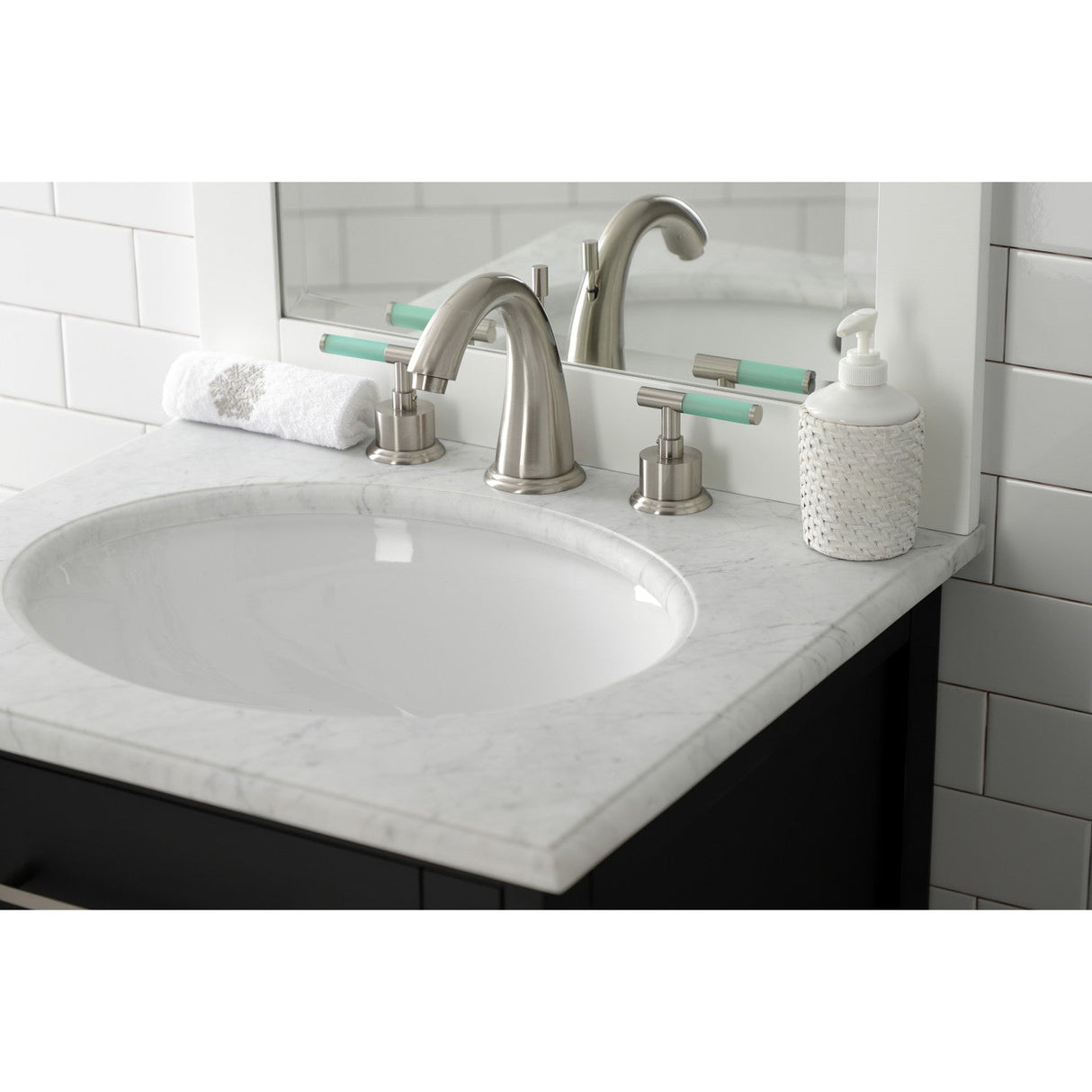 Kaiser KS2968CKL Two-Handle Deck Mount Widespread Bathroom Faucet with Brass Pop-Up, Brushed Nickel