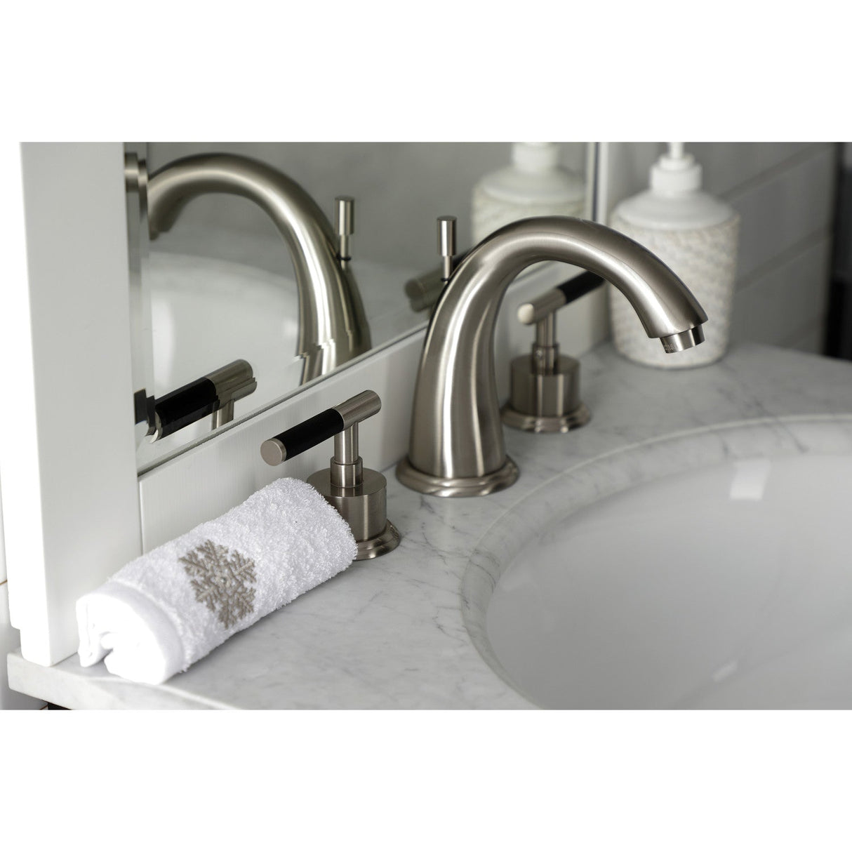 Kaiser KS2968CKL Two-Handle Deck Mount Widespread Bathroom Faucet with Brass Pop-Up, Brushed Nickel